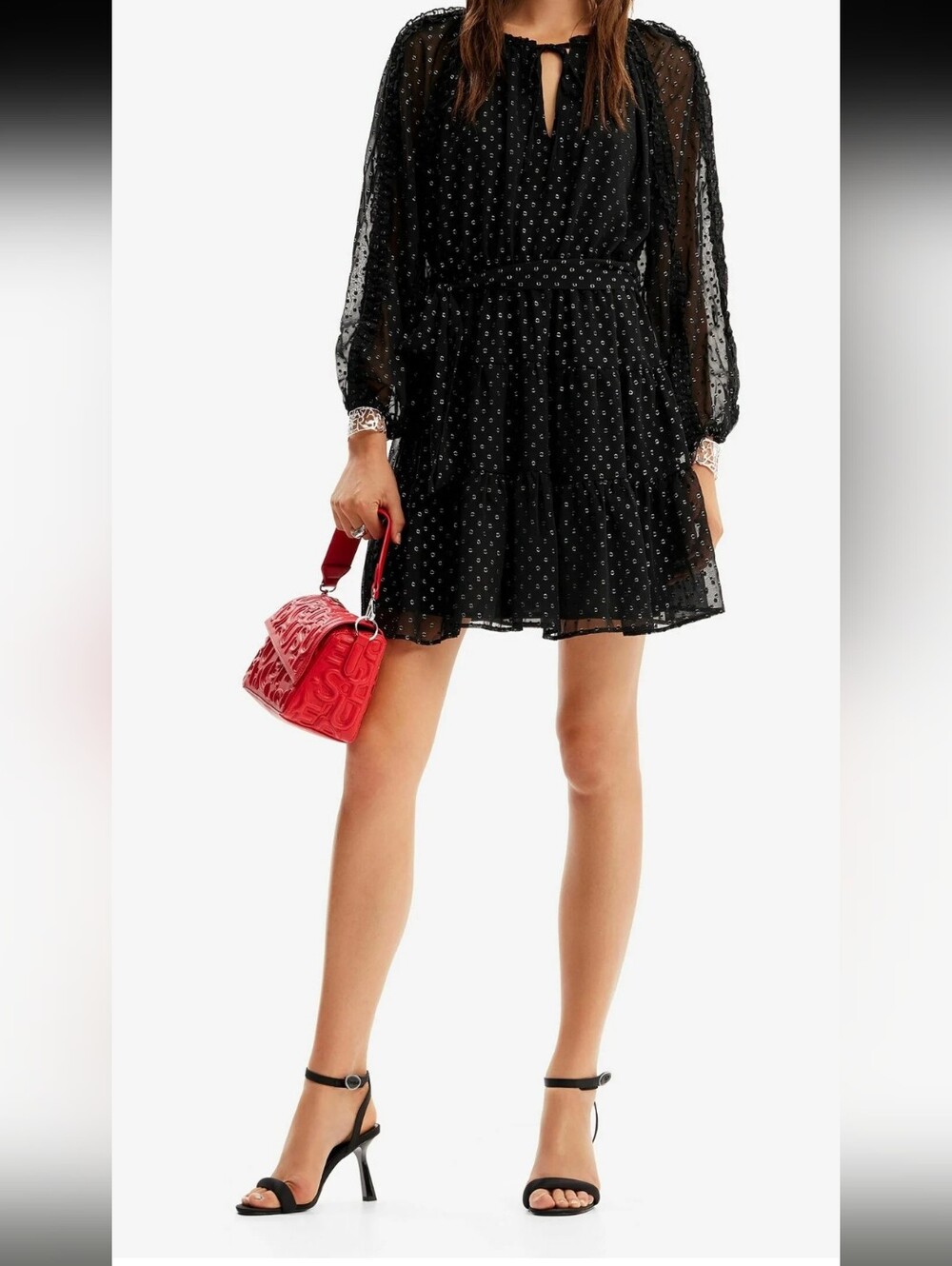 DESIGUAL Women Mini Dress Polka Dot Black Silver Size XL Long Sleeve Holiday - Picture 2 of 16